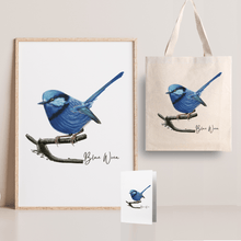 Load image into Gallery viewer, Lively & Radiant Australian Native Blue Wren Poster, Tote Bag & Card Set - Australiana Gifts Co