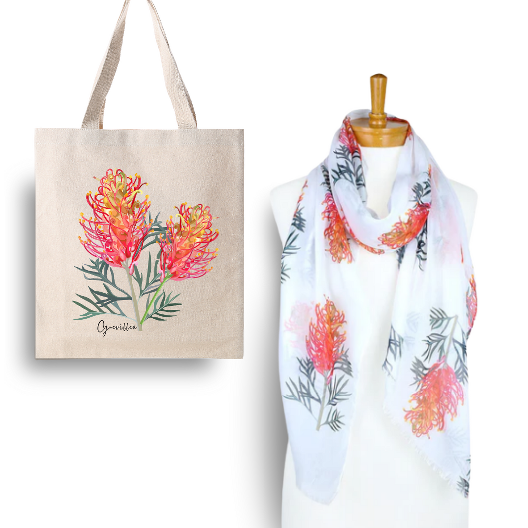 Australian Native Grevillea Flower Tote Bag and Scarf Set| White