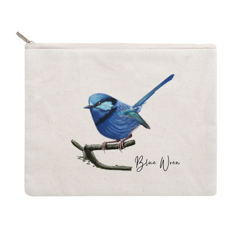 Blue Wren Cotton Zipper Pouch