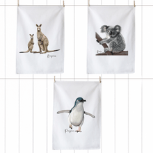 Load image into Gallery viewer, Aussie Legends Tea Towels | Kangaroo, Koala &amp; Penguin Party - Australiana Gifts Co
