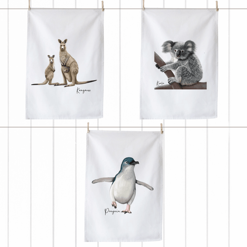 Aussie Legends Tea Towels | Kangaroo, Koala & Penguin Party - Australiana Gifts Co