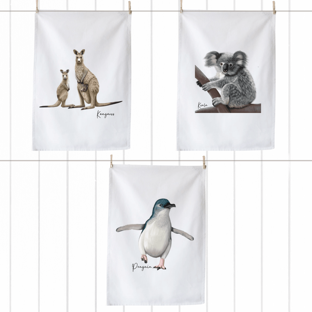 Aussie Legends Tea Towels | Kangaroo, Koala & Penguin Party - Australiana Gifts Co