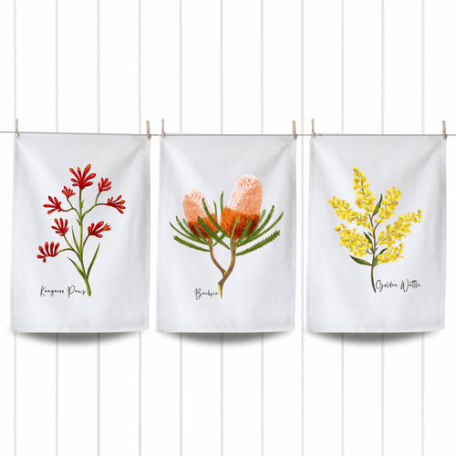 Australian Native Floral Tea Towels | Kangaroo Paw, Banksia, Golden Wattle | Set of 3 - Australiana Gifts Co
