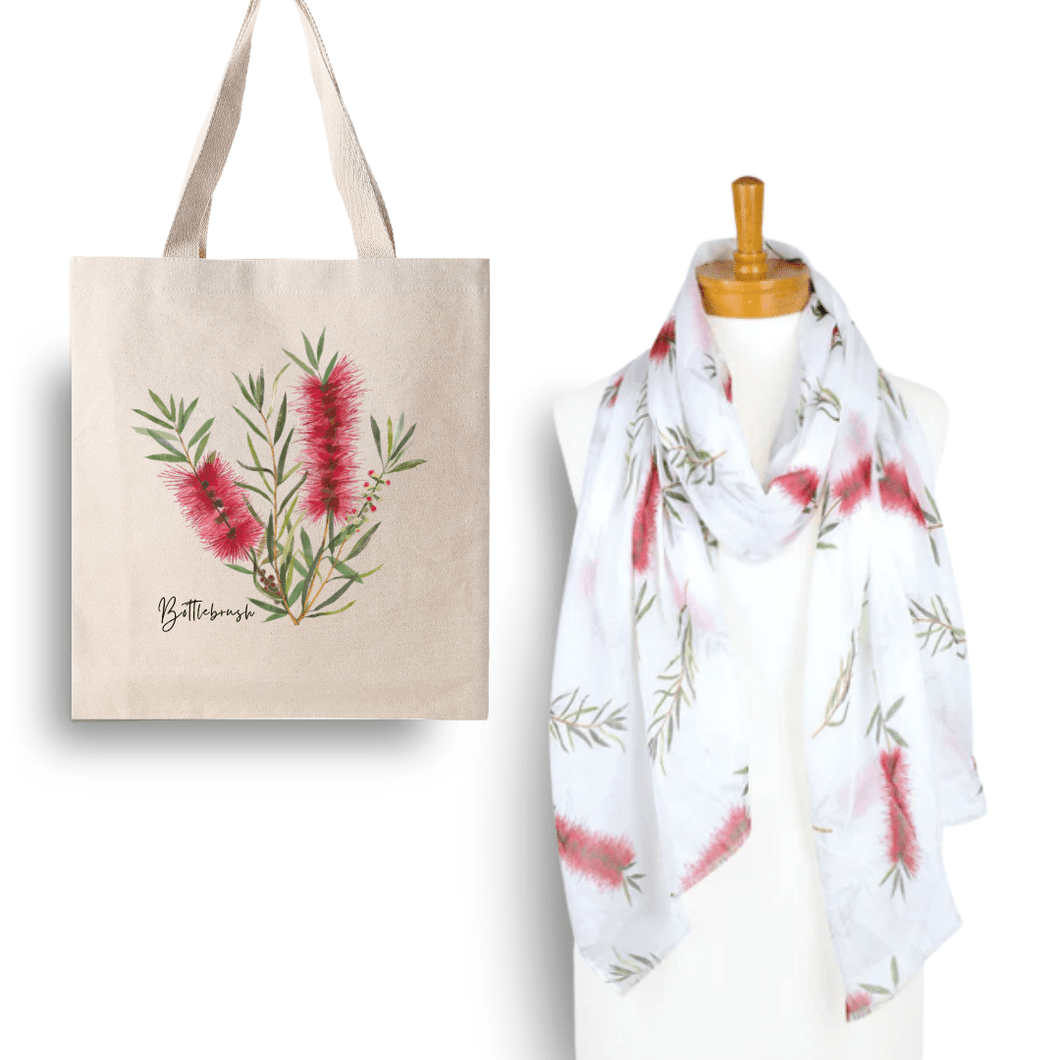 Australian Native Flower Design, Perfect Gift Idea - Red Bottlebrush Tote Bag & Scarf Set - Australiana Gifts Co