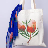 Australian Native Flower Design, Unique Gift for Nature Lovers - Banksia Tote Bag & Scarf Set | Navy - Australiana Gifts Co
