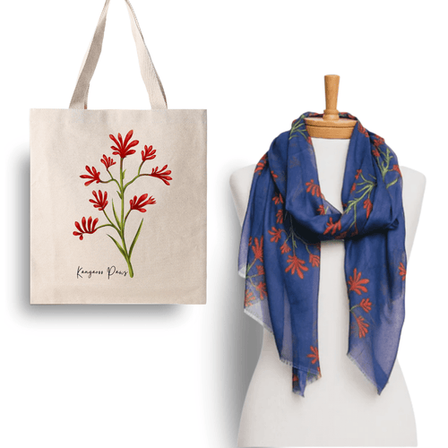 Australian Native Flower Kangaroo Paws Tote Bag & Scarf Set | Navy - Australiana Gifts Co