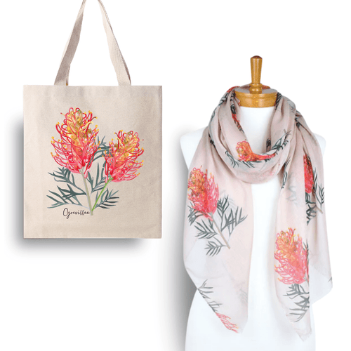 Australian Native Grevillea Flower Tote Bag and Scarf Set | Beige - Australiana Gifts Co