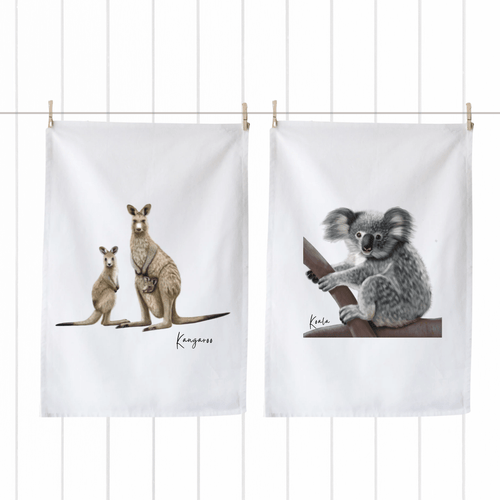 Australiana Icons Tea Towels | Kangaroo & Koala Set - Australiana Gifts Co