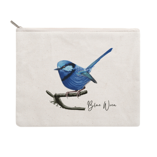 Blue Wren Cotton Zipper Pouch - Australiana Gifts Co
