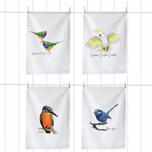Load image into Gallery viewer, Colourful Aussie Birds Tea Towels | Cockatoo, Blue Wren, Gouldian Finch, Kingfisher | Set of 4 - Australiana Gifts Co
