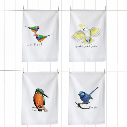 Colourful Aussie Birds Tea Towels | Cockatoo, Blue Wren, Gouldian Finch, Kingfisher | Set of 4 - Australiana Gifts Co