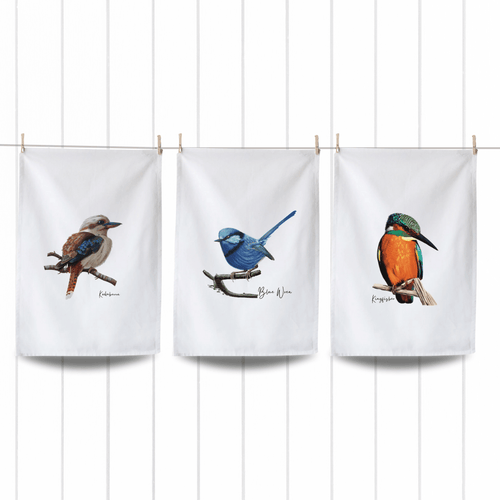 Colourful Native Birds Tea Towels | Blue Wren, Kingfisher, Kookaburra | Set of 3 - Australiana Gifts Co