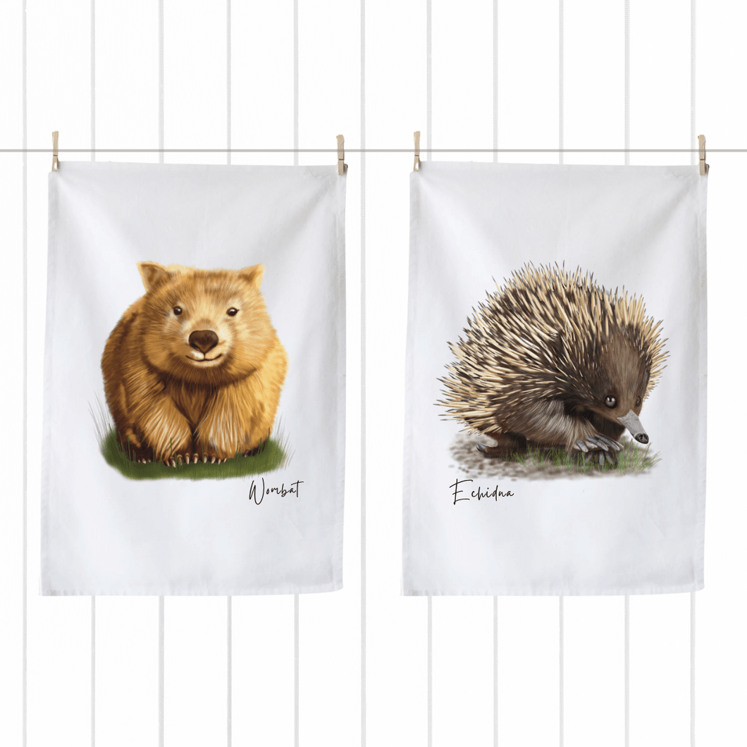 Cute Aussie Icons Tea Towels | Wombat & Echidna - Australiana Gifts Co