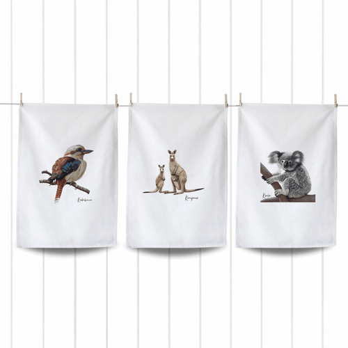 Dashing Australian Icons Tea Towels |Kookaburra, Kangaroo, Koala | Set of 3 - Australiana Gifts Co
