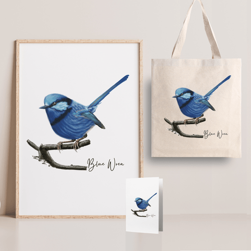Lively & Radiant Australian Native Blue Wren Poster, Tote Bag & Card Set - Australiana Gifts Co