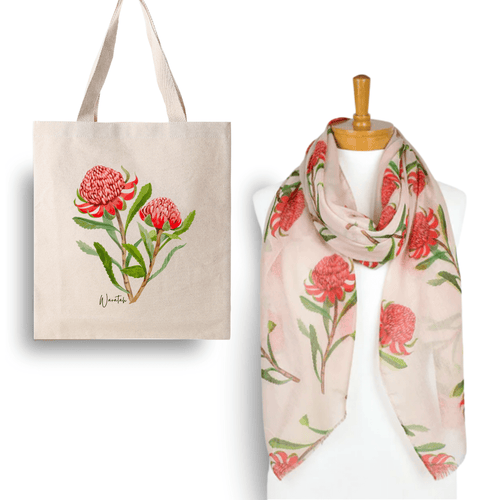 Perfect Gift for Any Occasion - Waratah Beige Scarf & Tote Bag - Australiana Gifts Co