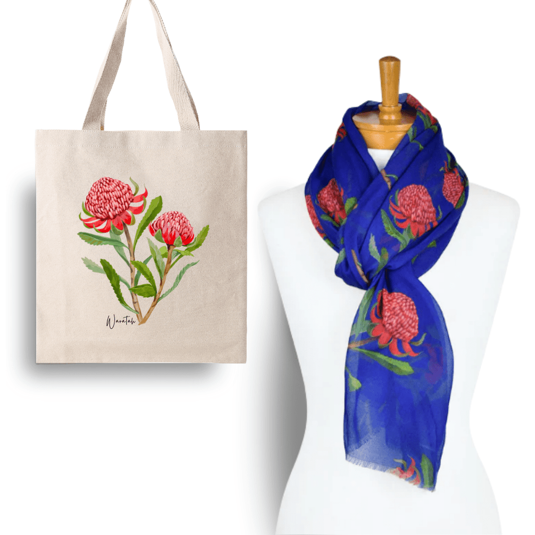 Perfect Gift for Any Occasion - Waratah Navy Scarf & Tote Bag | Navy - Australiana Gifts Co
