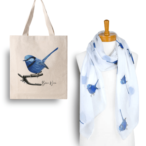 Serenity & Sparkle Blue Wren Scarf & Tote Bag Set | White - Australiana Gifts Co