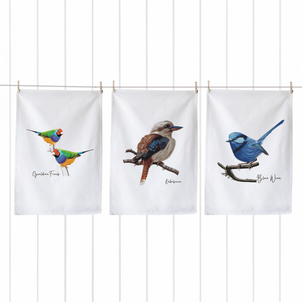 Vibrant Aussie Birds Tea Towels | Kookaburra, Blue Wren, Gouldian Finch | Set of 3 - Australiana Gifts Co