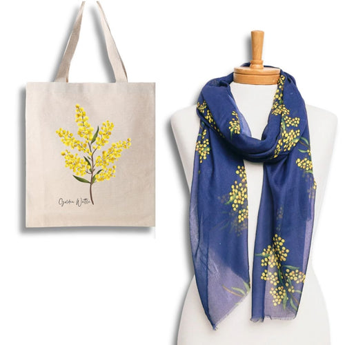 Warmth & Joy Golden Wattle Scarf & Tote Bag Set | Navy - Australiana Gifts Co