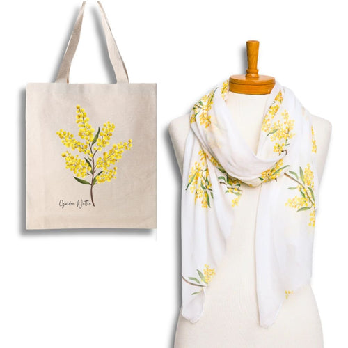 Warmth & Joy Golden Wattle Scarf & Tote Bag Set | White - Australiana Gifts Co