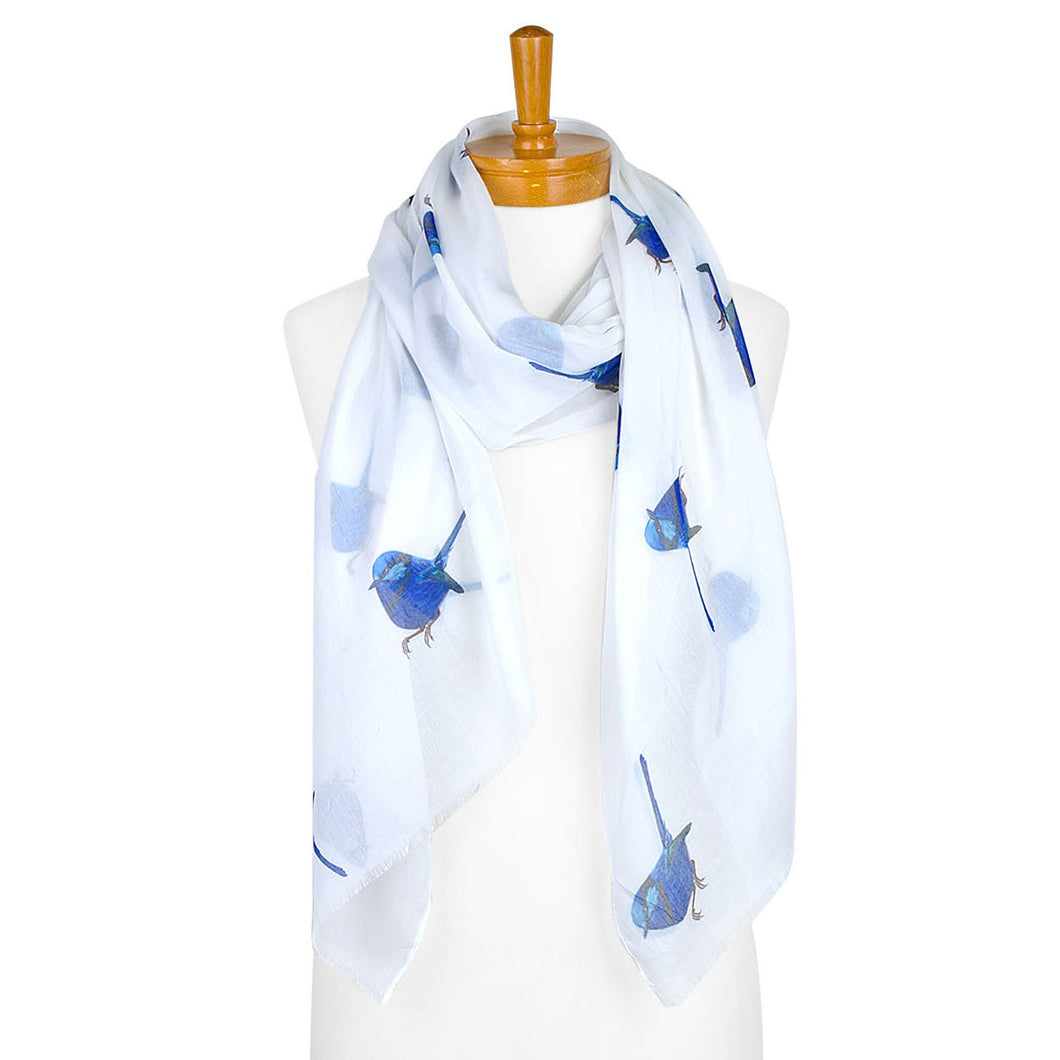 Blue Wren Bird Scarf | White